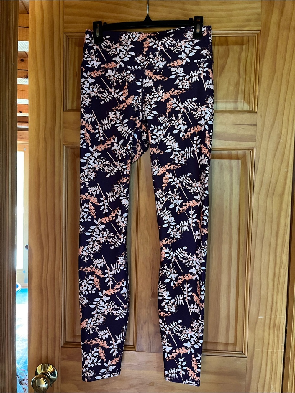 Fabletics Dark Purple Leggings with White & Peach Floral Print